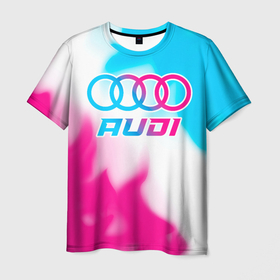 Мужская футболка 3D с принтом Audi neon gradient style в Санкт-Петербурге, 100% полиэфир | прямой крой, круглый вырез горловины, длина до линии бедер | 