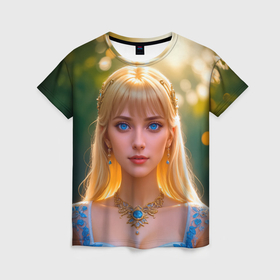 Женская футболка 3D с принтом Девушка блондинка в голубом кружевном платье , 100% полиэфир ( синтетическое хлопкоподобное полотно) | прямой крой, круглый вырез горловины, длина до линии бедер | 