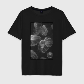 Мужская футболка хлопок Oversize с принтом Jellyfishes black в Белгороде, 100% хлопок | свободный крой, круглый ворот, “спинка” длиннее передней части | Тематика изображения на принте: 