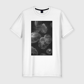 Мужская футболка хлопок Slim с принтом Jellyfishes black в Белгороде, 92% хлопок, 8% лайкра | приталенный силуэт, круглый вырез ворота, длина до линии бедра, короткий рукав | Тематика изображения на принте: 