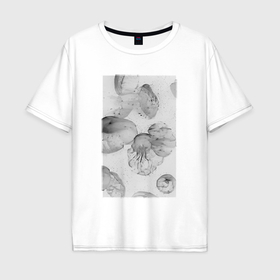 Мужская футболка хлопок Oversize с принтом Jellyfishes white в Санкт-Петербурге, 100% хлопок | свободный крой, круглый ворот, “спинка” длиннее передней части | 