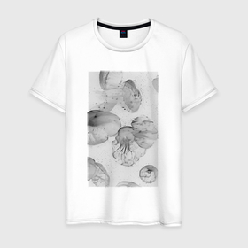 Мужская футболка хлопок с принтом Jellyfishes white в Санкт-Петербурге, 100% хлопок | прямой крой, круглый вырез горловины, длина до линии бедер, слегка спущенное плечо. | 
