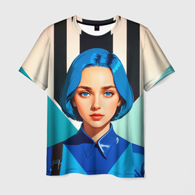 Мужская футболка 3D с принтом Девушка в рубашке с синими волосами в Новосибирске, 100% полиэфир | прямой крой, круглый вырез горловины, длина до линии бедер | 