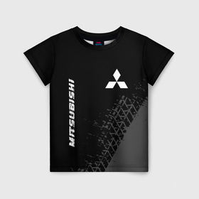Детская футболка 3D с принтом Mitsubishi speed на темном фоне со следами шин: надпись, символ в Белгороде, 100% гипоаллергенный полиэфир | прямой крой, круглый вырез горловины, длина до линии бедер, чуть спущенное плечо, ткань немного тянется | 