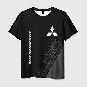 Мужская футболка 3D с принтом Mitsubishi speed на темном фоне со следами шин: надпись, символ в Курске, 100% полиэфир | прямой крой, круглый вырез горловины, длина до линии бедер | 