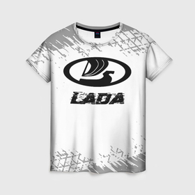 Женская футболка 3D с принтом LADA speed на светлом фоне со следами шин в Курске, 100% полиэфир ( синтетическое хлопкоподобное полотно) | прямой крой, круглый вырез горловины, длина до линии бедер | 