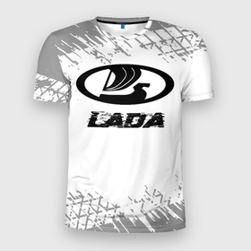 Мужская футболка 3D Slim с принтом LADA speed на светлом фоне со следами шин , 100% полиэстер с улучшенными характеристиками | приталенный силуэт, круглая горловина, широкие плечи, сужается к линии бедра | 