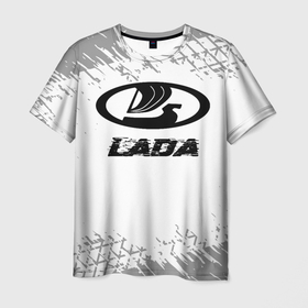 Мужская футболка 3D с принтом LADA speed на светлом фоне со следами шин , 100% полиэфир | прямой крой, круглый вырез горловины, длина до линии бедер | 