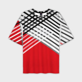 Мужская футболка oversize 3D с принтом Косые черно белые полосы на красном в Белгороде,  |  | Тематика изображения на принте: 