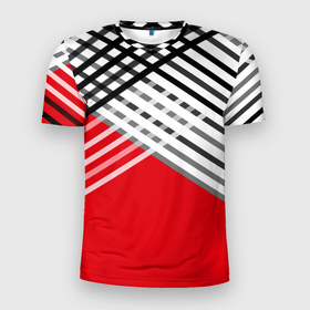 Мужская футболка 3D Slim с принтом Косые черно белые полосы на красном в Белгороде, 100% полиэстер с улучшенными характеристиками | приталенный силуэт, круглая горловина, широкие плечи, сужается к линии бедра | 
