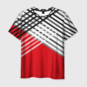 Мужская футболка 3D с принтом Косые черно белые полосы на красном в Белгороде, 100% полиэфир | прямой крой, круглый вырез горловины, длина до линии бедер | 