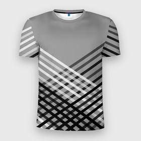 Мужская футболка 3D Slim с принтом Косые черно белые полосы на сером в Санкт-Петербурге, 100% полиэстер с улучшенными характеристиками | приталенный силуэт, круглая горловина, широкие плечи, сужается к линии бедра | 