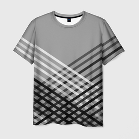 Мужская футболка 3D с принтом Косые черно белые полосы на сером в Санкт-Петербурге, 100% полиэфир | прямой крой, круглый вырез горловины, длина до линии бедер | Тематика изображения на принте: 