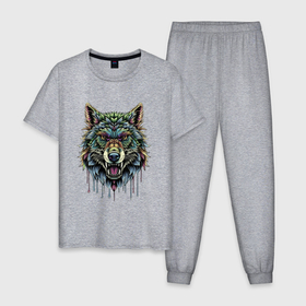 Мужская пижама хлопок с принтом Разноцветная голова волка , 100% хлопок | брюки и футболка прямого кроя, без карманов, на брюках мягкая резинка на поясе и по низу штанин
 | 