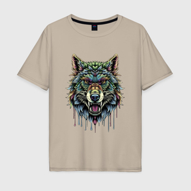 Мужская футболка хлопок Oversize с принтом Разноцветная голова волка , 100% хлопок | свободный крой, круглый ворот, “спинка” длиннее передней части | 