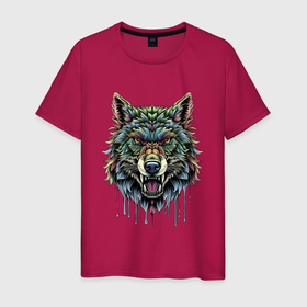Мужская футболка хлопок с принтом Разноцветная голова волка в Екатеринбурге, 100% хлопок | прямой крой, круглый вырез горловины, длина до линии бедер, слегка спущенное плечо. | 