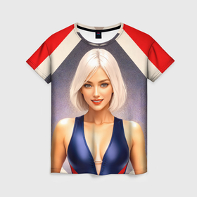 Женская футболка 3D с принтом Девушка блондинка в спортивном костюме , 100% полиэфир ( синтетическое хлопкоподобное полотно) | прямой крой, круглый вырез горловины, длина до линии бедер | 