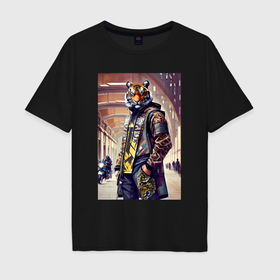 Мужская футболка хлопок Oversize с принтом Tiger fashionista   neural network , 100% хлопок | свободный крой, круглый ворот, “спинка” длиннее передней части | 