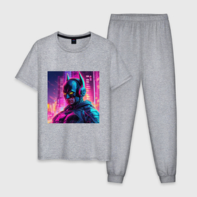 Мужская пижама хлопок с принтом Бэтмен в наушниках в Екатеринбурге, 100% хлопок | брюки и футболка прямого кроя, без карманов, на брюках мягкая резинка на поясе и по низу штанин
 | 