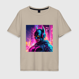 Мужская футболка хлопок Oversize с принтом Бэтмен в наушниках в Екатеринбурге, 100% хлопок | свободный крой, круглый ворот, “спинка” длиннее передней части | 