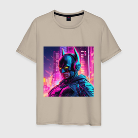 Мужская футболка хлопок с принтом Бэтмен в наушниках в Екатеринбурге, 100% хлопок | прямой крой, круглый вырез горловины, длина до линии бедер, слегка спущенное плечо. | 