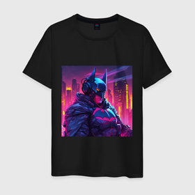 Мужская футболка хлопок с принтом Бэтмен в наушниках на фоне неонового города в Екатеринбурге, 100% хлопок | прямой крой, круглый вырез горловины, длина до линии бедер, слегка спущенное плечо. | 