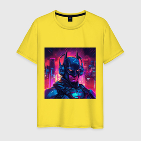 Мужская футболка хлопок с принтом Бэтмен в нушниках и лучах неона в Екатеринбурге, 100% хлопок | прямой крой, круглый вырез горловины, длина до линии бедер, слегка спущенное плечо. | 