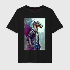 Мужская футболка хлопок Oversize с принтом Urban dragon   cyberpunk в Тюмени, 100% хлопок | свободный крой, круглый ворот, “спинка” длиннее передней части | Тематика изображения на принте: 