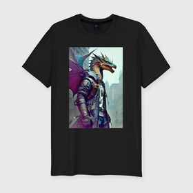 Мужская футболка хлопок Slim с принтом Urban dragon   cyberpunk в Тюмени, 92% хлопок, 8% лайкра | приталенный силуэт, круглый вырез ворота, длина до линии бедра, короткий рукав | Тематика изображения на принте: 