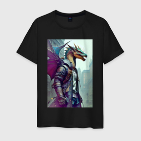Мужская футболка хлопок с принтом Urban dragon   cyberpunk в Петрозаводске, 100% хлопок | прямой крой, круглый вырез горловины, длина до линии бедер, слегка спущенное плечо. | Тематика изображения на принте: 