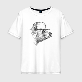 Мужская футболка хлопок Oversize с принтом Медведь в бейсболке в Курске, 100% хлопок | свободный крой, круглый ворот, “спинка” длиннее передней части | 