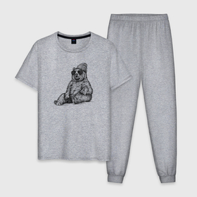 Мужская пижама хлопок с принтом Медведь на чиле в Санкт-Петербурге, 100% хлопок | брюки и футболка прямого кроя, без карманов, на брюках мягкая резинка на поясе и по низу штанин
 | Тематика изображения на принте: 