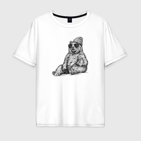 Мужская футболка хлопок Oversize с принтом Медведь на чиле в Санкт-Петербурге, 100% хлопок | свободный крой, круглый ворот, “спинка” длиннее передней части | Тематика изображения на принте: 