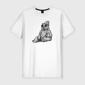 Мужская футболка хлопок Slim с принтом Медведь на чиле в Санкт-Петербурге, 92% хлопок, 8% лайкра | приталенный силуэт, круглый вырез ворота, длина до линии бедра, короткий рукав | Тематика изображения на принте: 