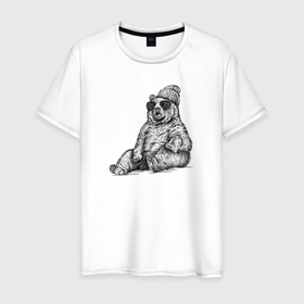 Мужская футболка хлопок с принтом Медведь на чиле в Новосибирске, 100% хлопок | прямой крой, круглый вырез горловины, длина до линии бедер, слегка спущенное плечо. | 