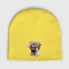 Мужская шапка демисезонная с принтом Мопс палевый с венком из цветов в Тюмени,  |  | Тематика изображения на принте: 