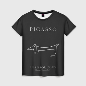 Женская футболка 3D с принтом Собака на черном   Пабло Пикассо в Санкт-Петербурге, 100% полиэфир ( синтетическое хлопкоподобное полотно) | прямой крой, круглый вырез горловины, длина до линии бедер | 