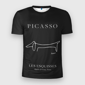 Мужская футболка 3D Slim с принтом Собака на черном   Пабло Пикассо в Тюмени, 100% полиэстер с улучшенными характеристиками | приталенный силуэт, круглая горловина, широкие плечи, сужается к линии бедра | 