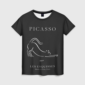 Женская футболка 3D с принтом Кот на черном   Пабло Пикассо в Санкт-Петербурге, 100% полиэфир ( синтетическое хлопкоподобное полотно) | прямой крой, круглый вырез горловины, длина до линии бедер | 