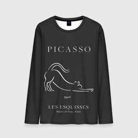 Мужской лонгслив 3D с принтом Кот на черном   Пабло Пикассо в Тюмени, 100% полиэстер | длинные рукава, круглый вырез горловины, полуприлегающий силуэт | 