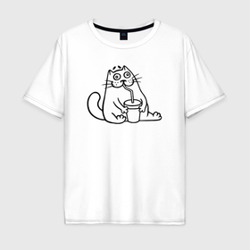 Мужская футболка хлопок Oversize с принтом Drinking cat , 100% хлопок | свободный крой, круглый ворот, “спинка” длиннее передней части | 