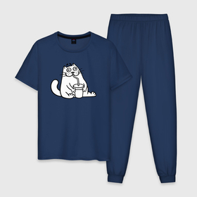 Мужская пижама хлопок с принтом Drinking cat в Тюмени, 100% хлопок | брюки и футболка прямого кроя, без карманов, на брюках мягкая резинка на поясе и по низу штанин
 | Тематика изображения на принте: 