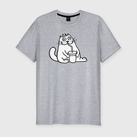 Мужская футболка хлопок Slim с принтом Drinking cat в Тюмени, 92% хлопок, 8% лайкра | приталенный силуэт, круглый вырез ворота, длина до линии бедра, короткий рукав | Тематика изображения на принте: 