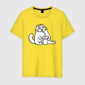 Мужская футболка хлопок с принтом Drinking cat , 100% хлопок | прямой крой, круглый вырез горловины, длина до линии бедер, слегка спущенное плечо. | 