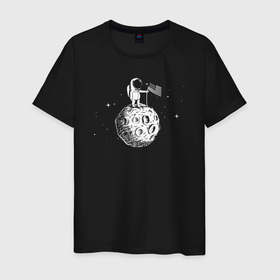 Мужская футболка хлопок с принтом США на луне в Новосибирске, 100% хлопок | прямой крой, круглый вырез горловины, длина до линии бедер, слегка спущенное плечо. | Тематика изображения на принте: 