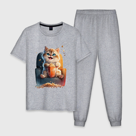 Мужская пижама хлопок с принтом Веселый котик с попкорном в Петрозаводске, 100% хлопок | брюки и футболка прямого кроя, без карманов, на брюках мягкая резинка на поясе и по низу штанин
 | 
