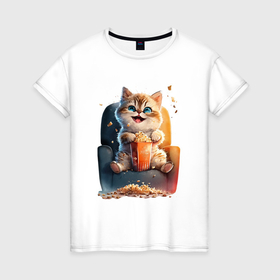 Женская футболка хлопок с принтом Веселый котик с попкорном в Курске, 100% хлопок | прямой крой, круглый вырез горловины, длина до линии бедер, слегка спущенное плечо | 