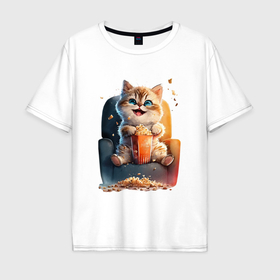 Мужская футболка хлопок Oversize с принтом Веселый котик с попкорном в Петрозаводске, 100% хлопок | свободный крой, круглый ворот, “спинка” длиннее передней части | 