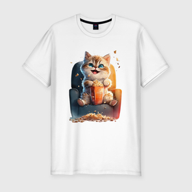 Мужская футболка хлопок Slim с принтом Веселый котик с попкорном в Петрозаводске, 92% хлопок, 8% лайкра | приталенный силуэт, круглый вырез ворота, длина до линии бедра, короткий рукав | Тематика изображения на принте: 