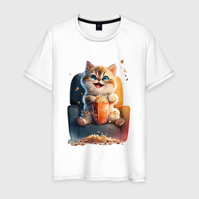 Мужская футболка хлопок с принтом Веселый котик с попкорном в Петрозаводске, 100% хлопок | прямой крой, круглый вырез горловины, длина до линии бедер, слегка спущенное плечо. | Тематика изображения на принте: 